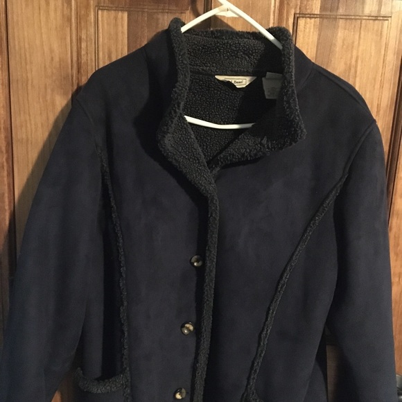 L.L. Bean Navy Faux Suede Sherpa Lined Jacket Coat Button Closure - Picture 3 of 8
